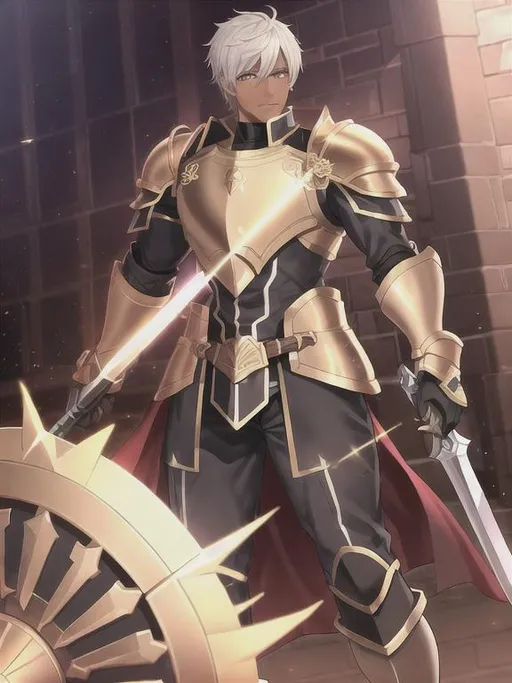 Prompt: Fire Emblem style male human knight, dark skin, buzz cut head, brown pupils, muscular, rough, gold heavy armor, no helmet, holding shield, full body shot, single color background.