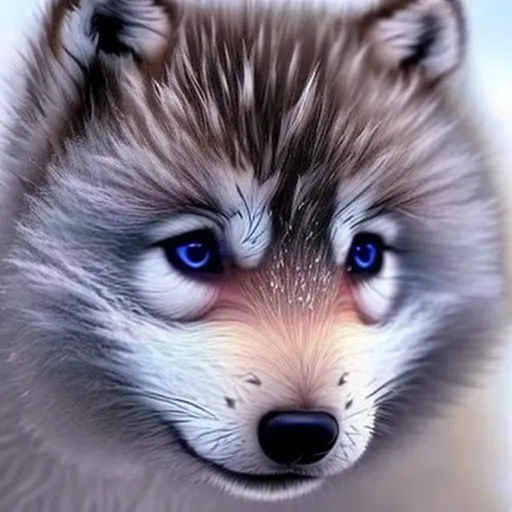 Prompt: Cute baby wolf with blue eyes and white fur coat