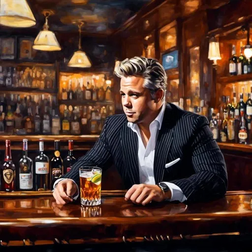 Prompt: <mymodel> Digital art, epic perspective a 1960’s inspired painting of a very good looking, handsome, GQ man with athletic build, clean cut face with longish emo style blonde hair wearing a tailored, black and white striped zoot suit seated at a bar drinking a martini, intricately detailed painting with mood lighting above and below the bar in the style of Jack Vettriano