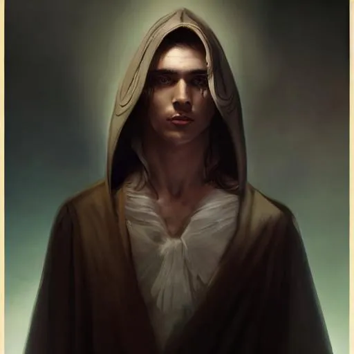 Prompt: handsome young human male sorcerer, cream colored robe, full shot, face centered, natural background, symmetrical face, fantasy, white, 8k, high definition, pathfinder, painted fantasy character portrait, highly detailed, digital painting, artstation, concept art, sharp focus, illustration, art by greg rutkowski and alphonse mucha