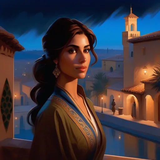 Prompt: Third person, gameplay, Andaluzian girl, olive skin, brown hair, brown eyes, 2020s, Alhambra at night, foggy, blue atmosphere, cartoony style, extremely detailed painting by Greg Rutkowski and by Henry Justice Ford and by Steve Henderson 
