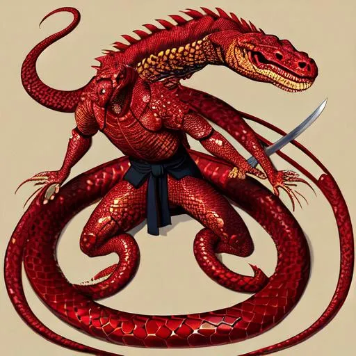 Prompt: two-headed-mutant-aikido-uniform-reptilian-serpent-anatomy-red-scaled-snake-skin holding katana-sword-samurai-armour