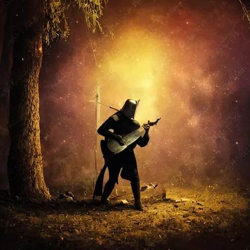 Prompt: medieval campfire night knight playing the lute while sitting down by the campfire
forest dark 
cinematic 
midnights
in space
cosmos
real
