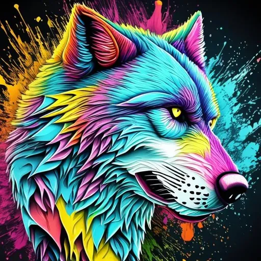 Prompt: Splash colourful paint 
 wolf head (( white background)) hyper detailed 3D