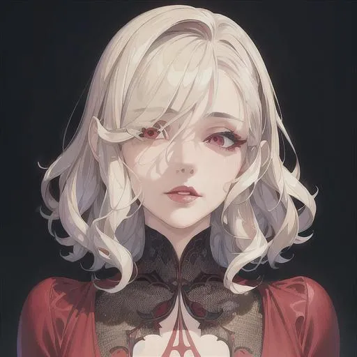 Prompt: (masterpiece, illustration, best quality:1.2), short curly, white hair, devilish eyes, wearing thin red nightgown, best quality face, best quality, best quality skin, best quality eyes, best quality lips, ultra-detailed eyes, ultra-detailed hair, ultra-detailed, illustration, colorful, soft glow, 1 girl