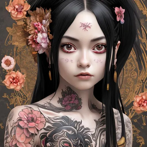 Prompt:  (adult:1.4), Yazuka girl, mature, beautiful, long black hair, tattoos, golden black kimono, flowers, masterpiece, (detailed face), (detailed clothes), 1 girl, (woman) , f\/1.4, ISO 200, 1\/160s, 4K, unedited, symmetrical balance, in-frame