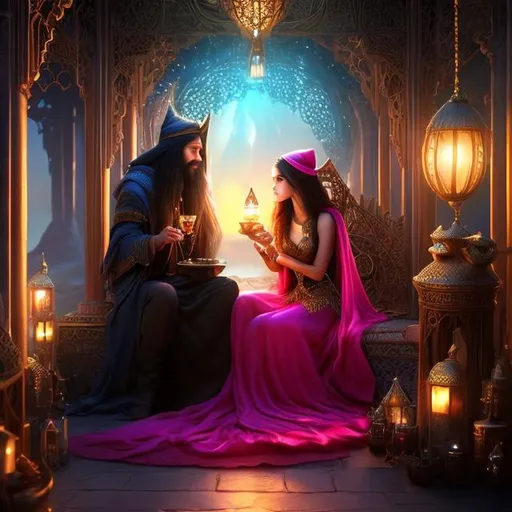 Prompt: A wizard and an enchantress on a romantic date inside a genie's lamp. The lamp's interior is a mystical realm filled with otherworldly wonders. Create an intricate, highly detailed, digital painting suitable for ArtStation and concept art, with smooth, sharp focus. The artwork should capture the enchanting atmosphere of this magical rendezvous, resembling the style of artists like Artgerm, Greg Rutkowski, and Alphonse Mucha and be in a resolution of 8K, portraying the wizard and enchantress's love within the lamp's enchanting confines.