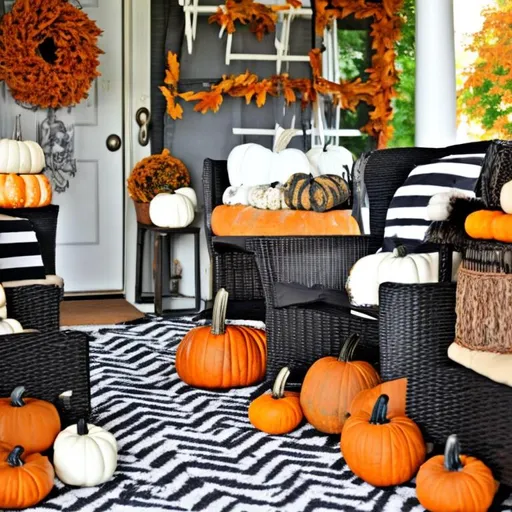 Prompt: Create a black and white fall themed porch 