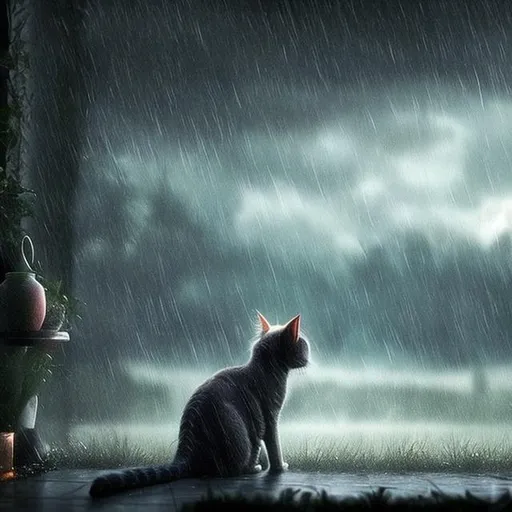 Prompt: fantasy photo of a eye soothing rain where a cat is watching it