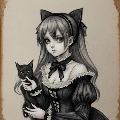 Prompt: Beautiful anime girl in Victorian dress, holding spooky cat Gothic Charcoal sketch
