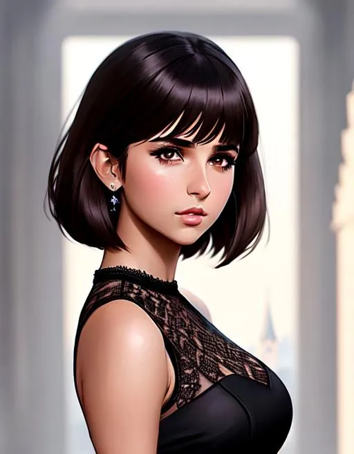 Prompt: (Art by Ilya Kuvshinov), Naomi Scott, halfling, parted bangs, sleeveless, surprised expression, brown hair, pointed ears, brown eyes, dynamic pose, castle setting, ethereal, black lace dress, jewelry set balayage wild hair, royal vibe, highly detailed, digital painting, Trending on artstation , HD quality(Masterpiece), Smooth, Female Character, halfling, ((parted bangs)), tan skin, Big Eyes, 1woman, head and shoulders portrait, Average Body, castle background, holding a magical sword, ultra-fine details, intricate scene, ambient lighting, soft glow, elegant, symmetrical facial features, accurate anatomy, anatomically correct woman, sharp focus, dark fantasy cgi still, artgerm, taken on nikon d750, scenic, gossamer, iridescent, ethereal, auroracore, vaporwave, splash art, pixiv, tumblr, Unreal Engine