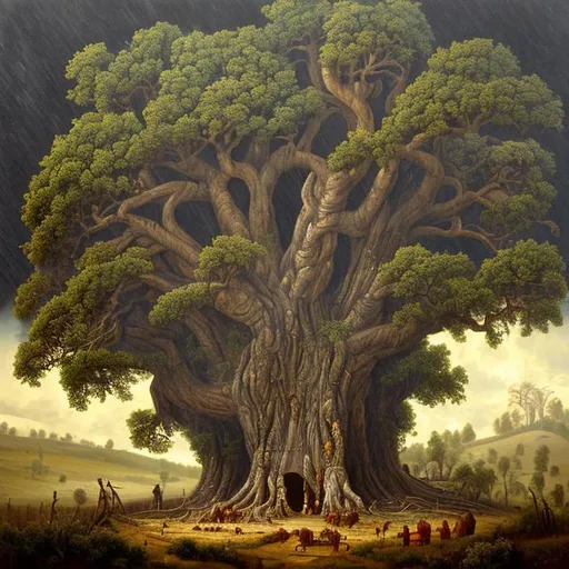 Prompt: a lush landscape painting of a colossal hollow tree, sheltering Native Americans taking refuge from a rainstorm within its ancient branches. By Clark Kelley 