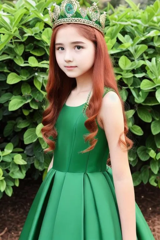 Prompt: Girl 14yo, Queen green dress, dress long, Queen crown, red hair,