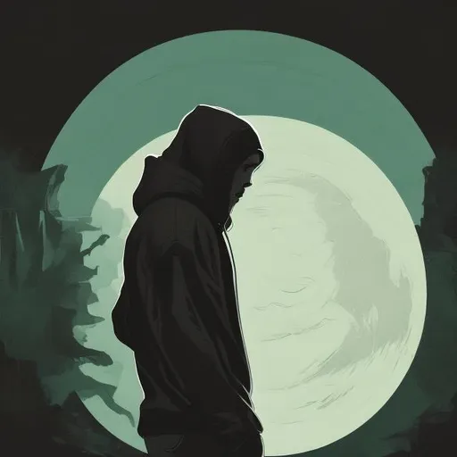 Prompt: Cool-toned digital abstract art of a 30-year-old skateboarder with long dark brown hair, green eyes, and a black hoodie, staring at the moon, detailed hair and facial features, surreal moonlit atmosphere, professional, cool tones, urban gothic, modern, detailed eyes, atmospheric lighting