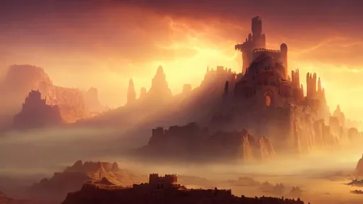 Prompt: fantasy style, ancient desert city in narrow valley, lakeside, shrouded in fog, tall broken towers, large palace, view from above, dim dusk lighting, cinematic lighting, detailed lighting, volumetric lighting, realistic, f 8, 4 k hd wallpaper, diffuse lighting, fantasy, intricate, elegant, highly detailed, lifelike, photorealistic, digital painting, artstation, illustration, concept art, smooth, sharp focus
