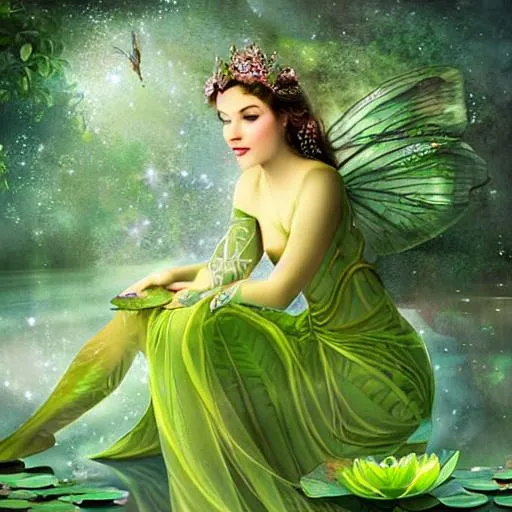 beautiful green princess fairy sitting on a lotus le...