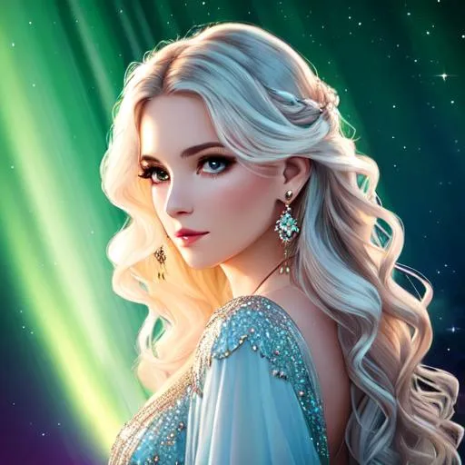 Prompt: beautiful woman pale with wavy hair, aurora night sky, looking over shoulder, dress, drop earrings, accessories,  necklace, sly eyes, realistic, high-quality, flowing hair, dreamy, backlit, cinematic, epic, aura, poster, water-like, dull colors, bright