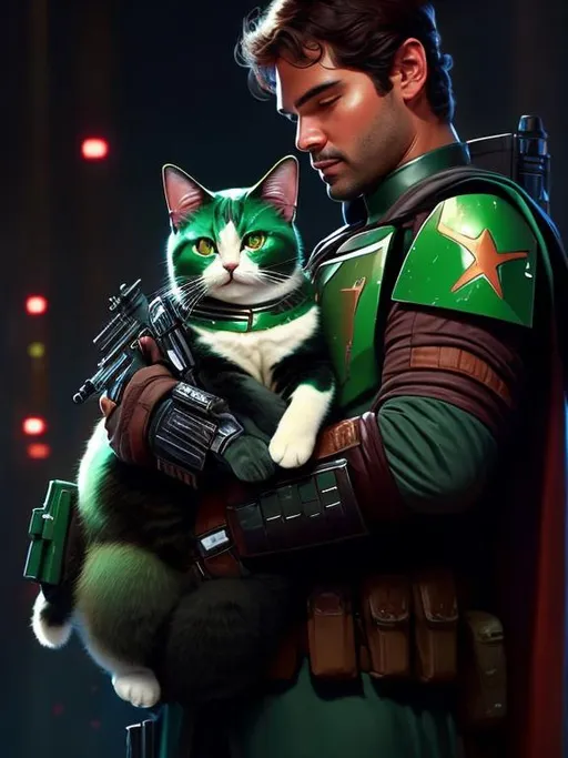 Prompt: boba fett holding a fat cat in his arms, star wars, beautiful glowing lights, sci - fi, stunning, intricate, elegant. highly detailed, digital painting. artstation. smooth. sharp focus. illustration. art by artgerm and greg rutkowski and alphonse mucha