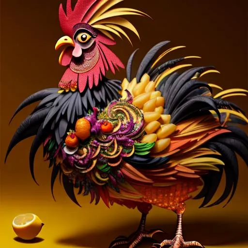 Prompt: Render of a rooster made out of citrus fruits, intricate, detailed, Tim burton, weirdcore, colorful, cinematic framing, diffuse lighting, ray tracing, lemons