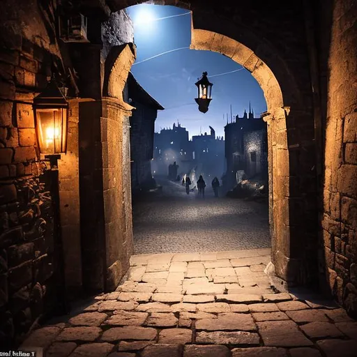 Prompt: at night in a fantasy medieval town there is a open doorway in the town wall that has a sign that says "service entrance". the sign is hanging, barely attached. undead are around the town but in the distance. at night
