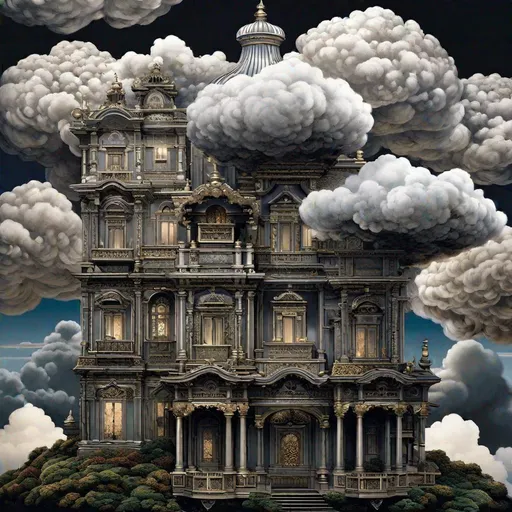 Prompt: "Clouds only !!! Clouds formation !!!!! A house made of clouds : fluffy smokey house of clouds ! : highly detailed : silver filigree : roccoco : baroque aesthetic : intricate illustration : by akihito Tsukushi : ayami kojima : Minjae Lee : Kentaro Miura : perfect composition : sharp : 8k : incredible depth : dark but vivid : sleepy but homely"