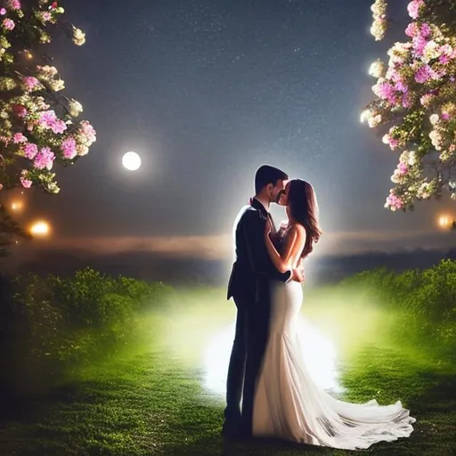 Prompt: Romantic couple kissing and hug and flowers in romantic weather rainy moon seen