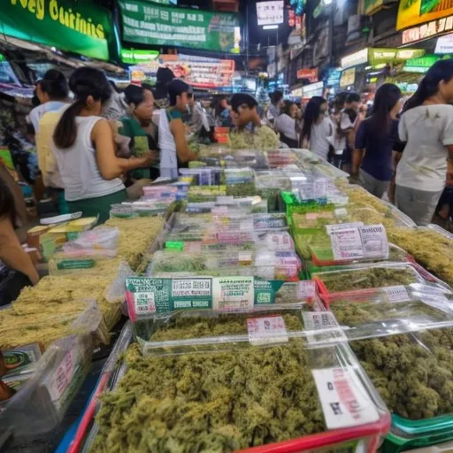 Prompt: A bustling cannabis market in Thailand with various cannabis products displayed, overlaid with "Ad Not Approved" stamps.