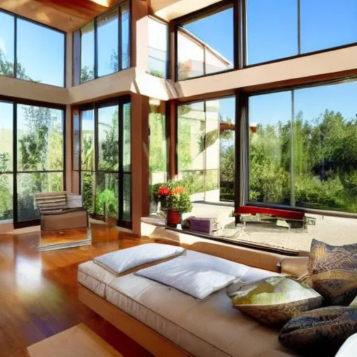 Prompt: Design a beautiful single-story house, all windows across outside
 5000 square feet, Feng Shui