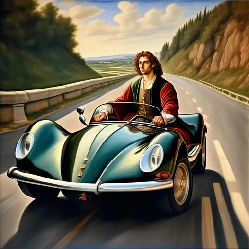 Prompt: Handsome young and rich medieval man driving a luxurious sportscar on a highway, oil painting, 16th century, realistic, in the style of Botticelli