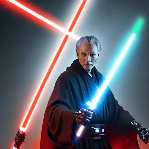 Prompt: A man who looks like a sith
With a robotic limb and 28 lightsabers

