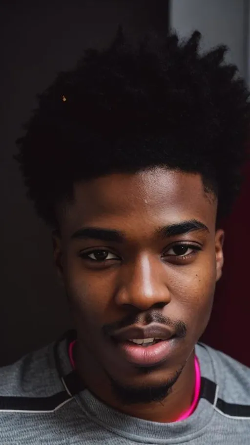 Prompt: A 20 year old black handsome Nigerian boy smirking with short curled hair and black eyes with a pointed nose and hairy eyebrow with pink lower lip and brown upper lip with a cyberpunk background, super highly detailed, intricate details, 8k, Ultra HD, Professional, Sharp focus, studio photo, Render, Realism 