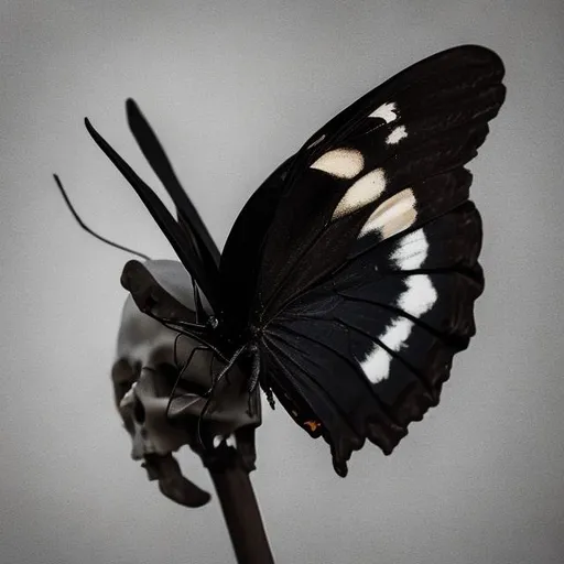 A black butterfly sitting on the skull of a bird | OpenArt