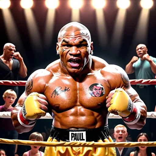 Prompt: A little person, Mike Tyson vs Jake Paul, Jake Paul pokes Mike Tyson in the eyes with two fingers, aggressive boxing stance, standing in a boxing ring, an excited audience in the background, stage performance, glistening muscles, detailed facial features, vibrant colors, photo realistic, Looney Toons style, audience, theatrical lighting, high quality, detailed muscles, stage setting, professional, animated shading, cartoon realism, detailed expression, muscle definition