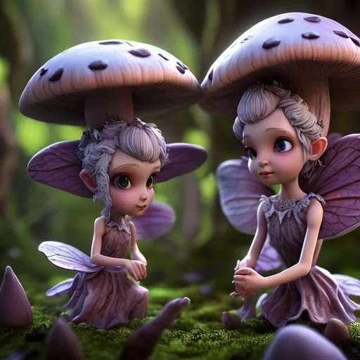 Prompt: 2 fairies with highly detailed faces, in a dark spooky mushroom forest. cinematic, highly detailed, 4k