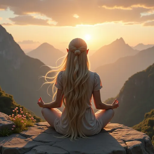 Prompt: @sfkpqAyTt55VZg8T8gx5 is sitting on a serene mountaintop meditating