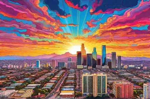Prompt: Long shot scenic professional photograph of Los Angeles in the style of illustrator Peter Max.  Perfect viewpoint, highly detailed, wide-angle lens, hyper realistic, with dramatic sky, polarizing filter, natural lighting, vivid colors, everything in sharp focus, HDR, UHD, 64K