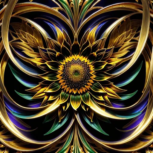 Prompt: extreme closeup, dark, Epic, Beautiful, Swirling {Sunflower} gold silver black, beautiful intricately-colored, symmetrical, Beautiful and Gorgeous, hyper realistic, expansive sunflower field background, hyper realistic, 64K --s99500