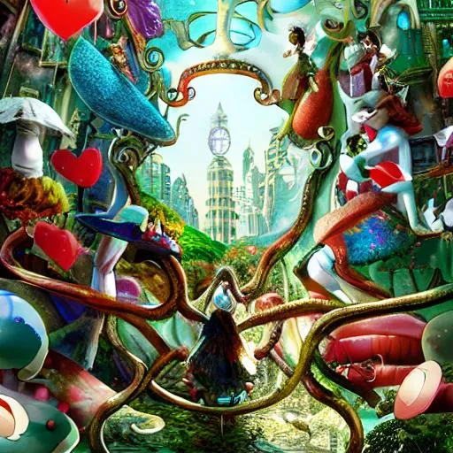 Prompt: Alice in wonderland world today with two characters in love, we are living in it  inside a city but a world inside our minds, composed by  parallel worlds fi=uff of fantastic beings

 




