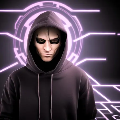 Prompt: Generate an image of a mysterious hacker looking straight into the camera. The individual should be seated and wearing a hood that partially obscures their face, casting shadows and adding to their enigmatic appearance.