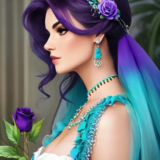 Prompt: woman with turquoise jewels in her hair and purple roses