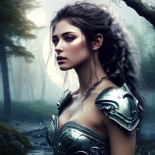 Prompt: HD 4k 3D 8k professional modeling photo hyper realistic beautiful young warrior woman ethereal greek goddess of the hunt, wilderness, animals and the moon
black hair gorgeous face fair skin silver shimmering dress full body surrounded by moons glowing light hd mystical landscape at night background of forest trees, flowers, stars, moon, weapons, animals, deer