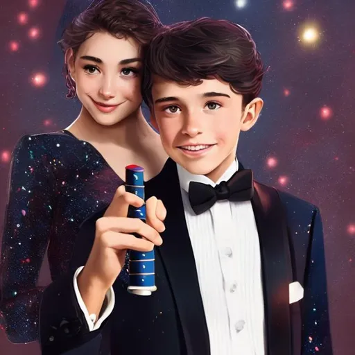 Prompt: Boy in a tuxedo holding his magic wand and standing next to his girlfriend who is in a big red puffy sparkly ball gown at prom