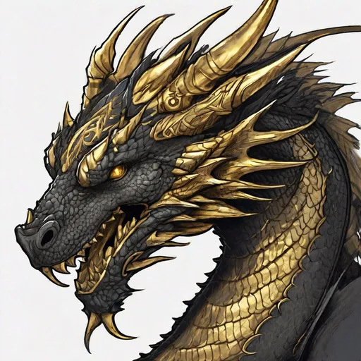 Prompt: Concept designs of a dragon. Dragon head portrait. Coloring in the dragon is predominantly black with gold streaks and details present.