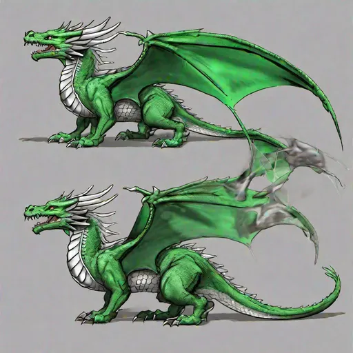 Prompt: Concept designs of a dragon. Full dragon body. Dragon has four legs and a set of wings.  Side view. Coloring in the dragon is predominantly green with silver streaks or details present.