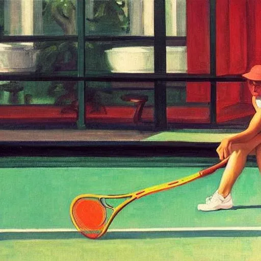 Prompt: Woman playing tennis in style of Edward hopper 