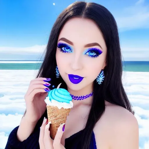 Prompt: Katy Perry eating ice cream, blue lipstick, snowy beach, blue heart necklaces, pleasant face, blue eyes, Black-purple eyeshadow, long ice earrings. Cold color scheme, ultradetailed, 8k resolution, perfect, smooth, high quality, shiny. 