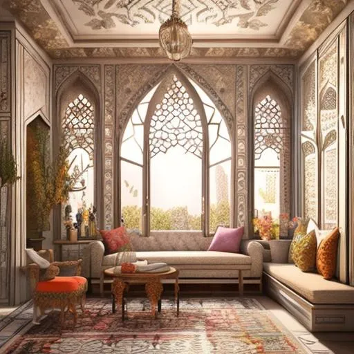 Prompt:  3d unreal high-quality render, traditional Iranian interior design, colored windows