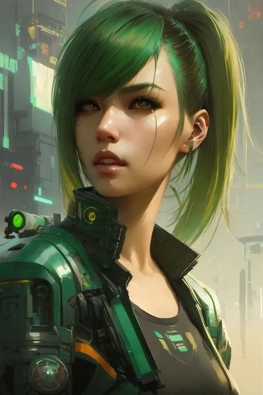 Prompt: Professional painting of a beautiful Asian cyberpunk woman with modern brown blonde green hairdo with bangs, by Jeremy Mann, Rutkowski, and other Artstation illustrators, intricate details, face, portrait, headshot, illustration, UHD, 4K