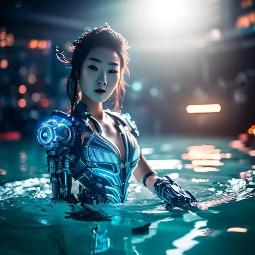 Prompt: beautiful centered Fine art photo portrait of Arden Cho as a solarpunk robotic humanoid treading on water, white mechanical parts with led lights, photorealistic, white background, highly detailed and intricate, sunset lighting, HDR 8k