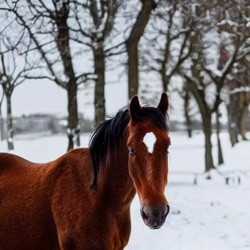 Prompt: A brown horse with white socks walking through the snow.